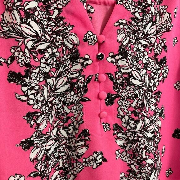 Express Bright Neon Hot Pink Black Floral Blouse, Large - Picture 4 of 6